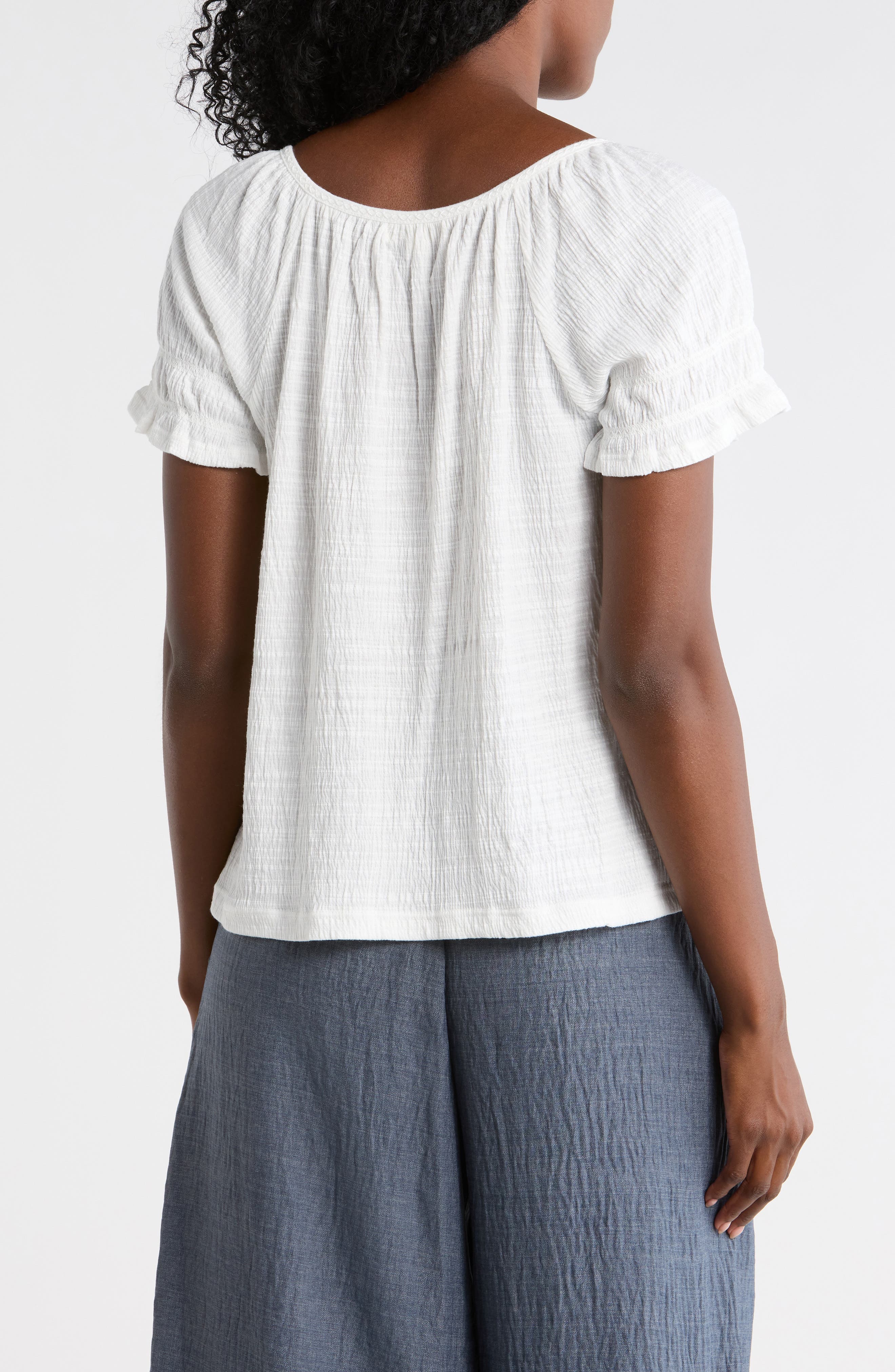 Topstitched Puff Sleeve Crepe Top - image 4