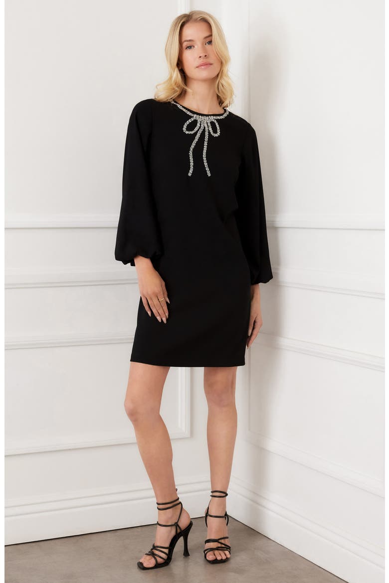 Embellished Bow Long Sleeve Shift Dress, Alternate, color, BLACK