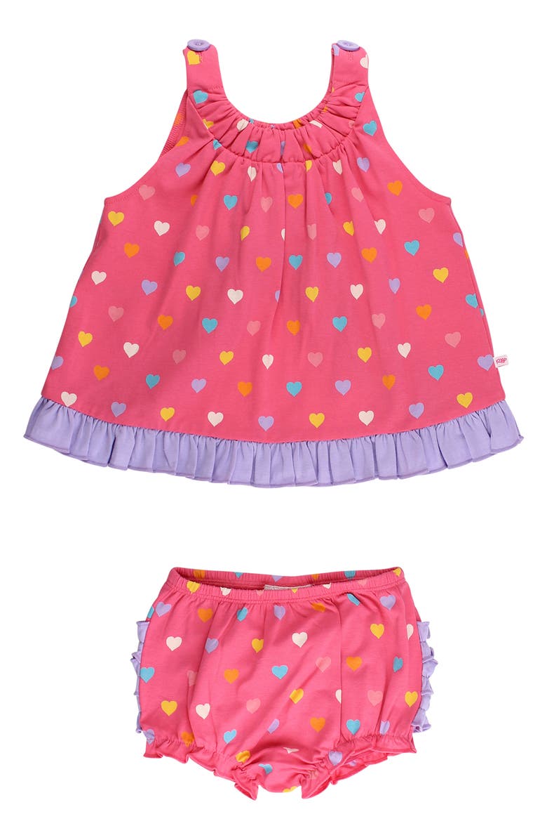 RuffleButts Kids
 Heart Print Cotton Ruffle Swing Top and Bloomer Set, Main, color, Pink