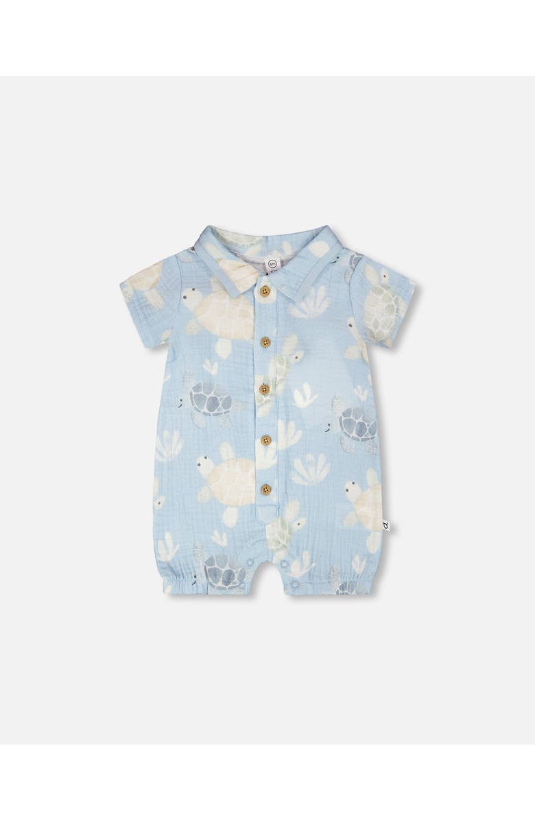 Deux par Deux Muslin Turtle Print Romper, Main, color, Blue Turtle Print