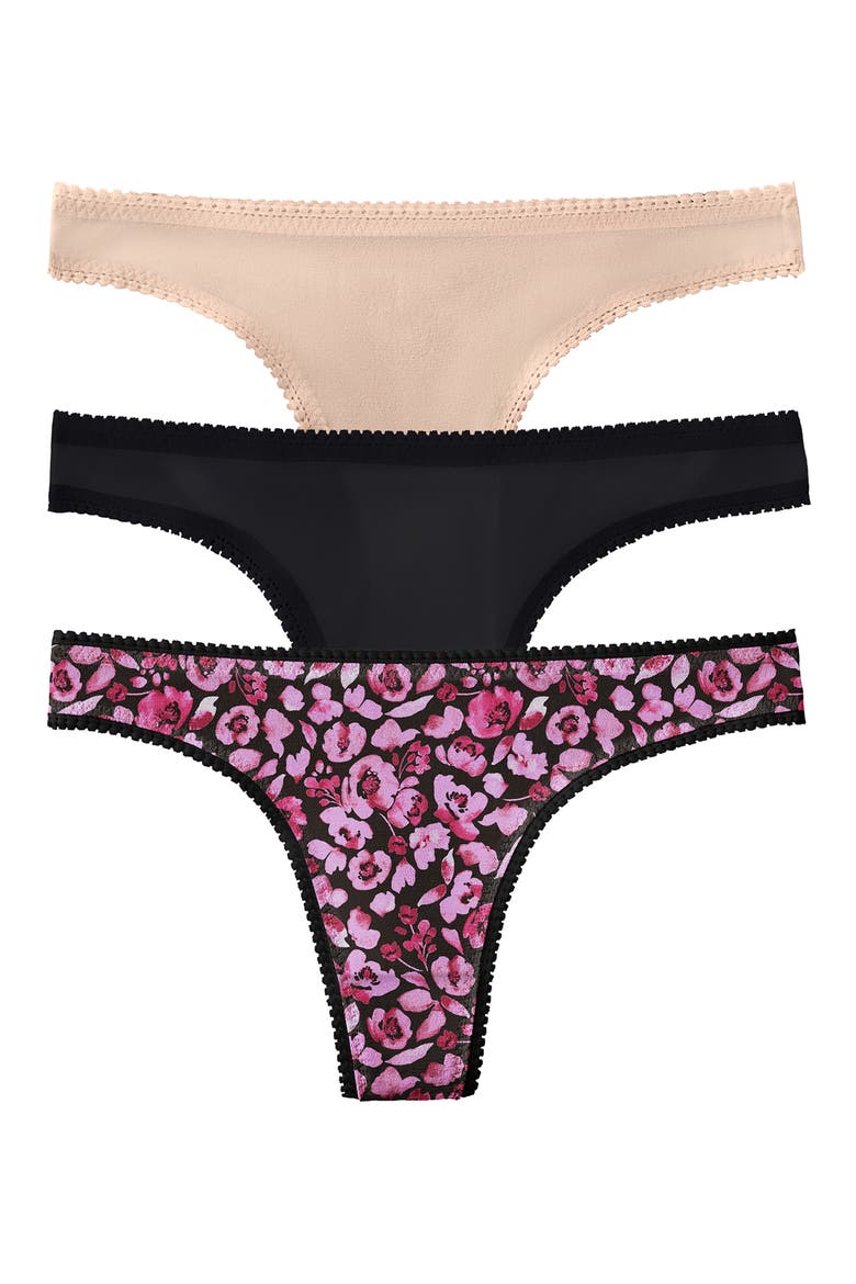 3-Pack Mesh Thongs, Main, color, MOODY FLORAL/ BLACK/ CHAMPAGNE