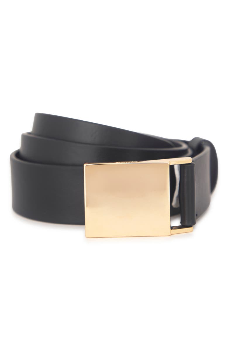 Vince Plaque Leather Belt, Main, color, Black / Polished Gold