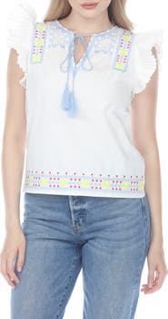 RAIN AND ROSE Embroidered Ruffle Sleeve Top