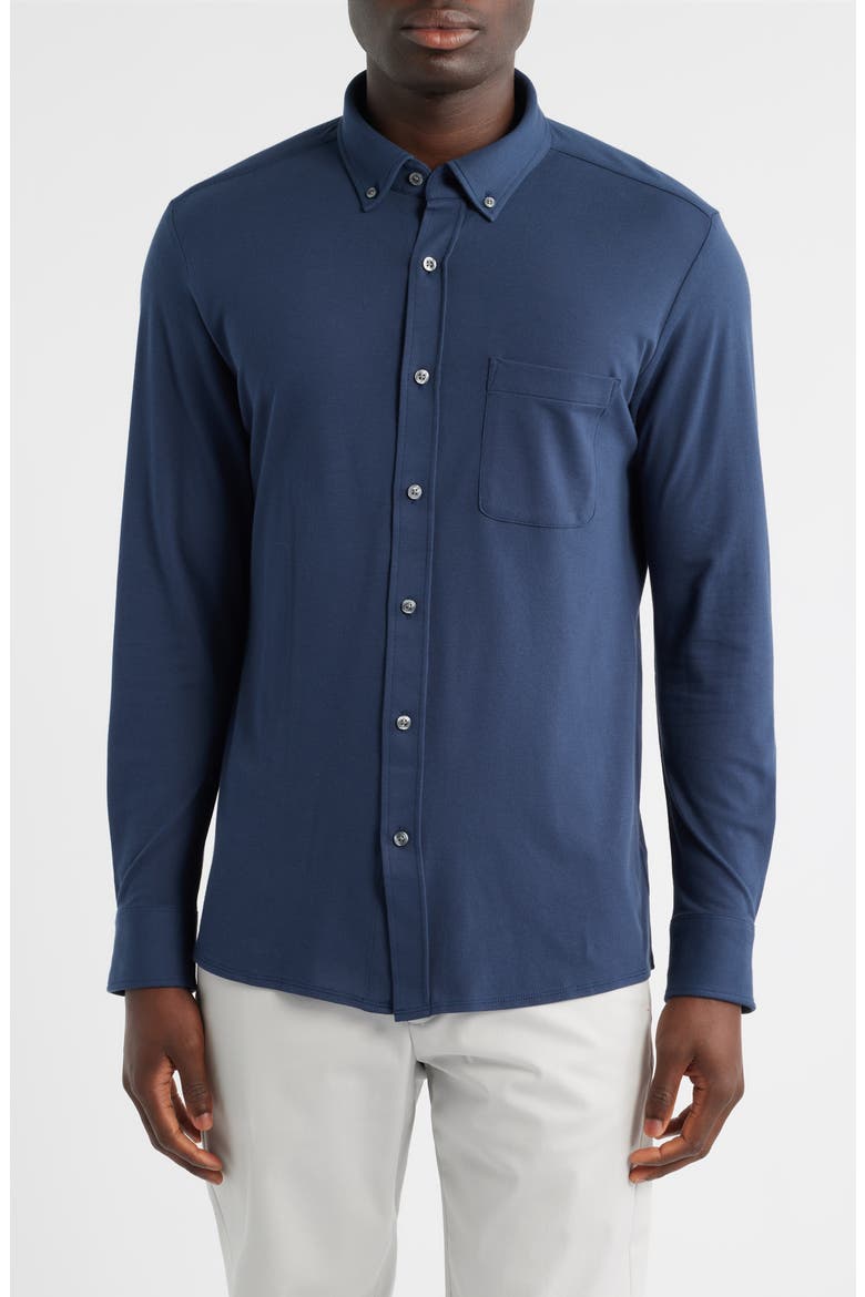 SILVER Cotton Blend Piqué Button-Down Shirt, Main, color, TRUE NAVY