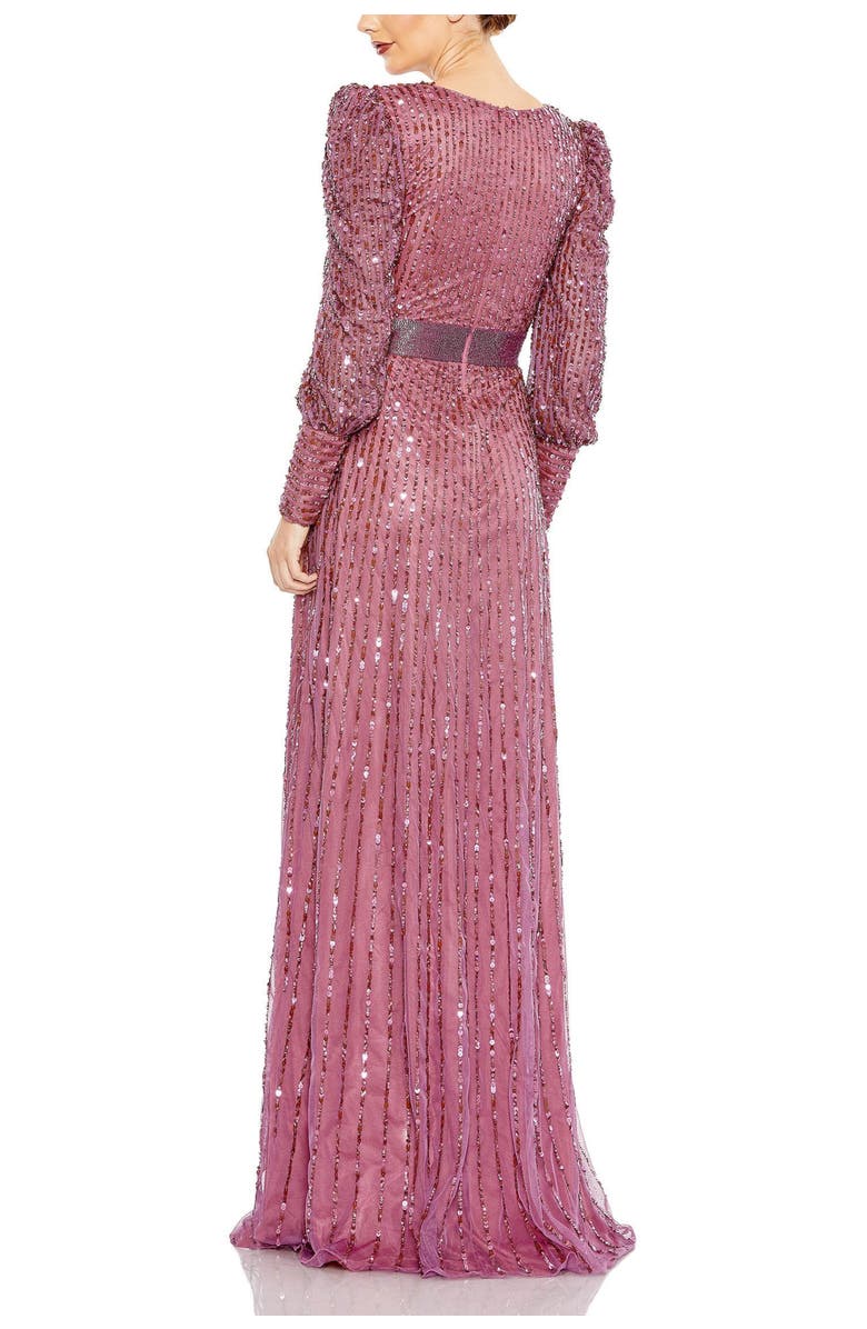 Mac Duggal Sequined Wrap Over Bishop Sleeve Gown, Alternate, color, Mauve