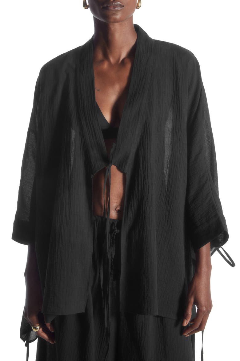 Tie Front Organic Cotton Jacket, Main, color, BLACK DARK