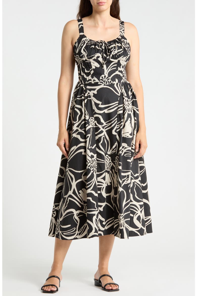 Pintucked Cotton Poplin Dress, Main, color, BLACK ABSTRACT BLOOMS