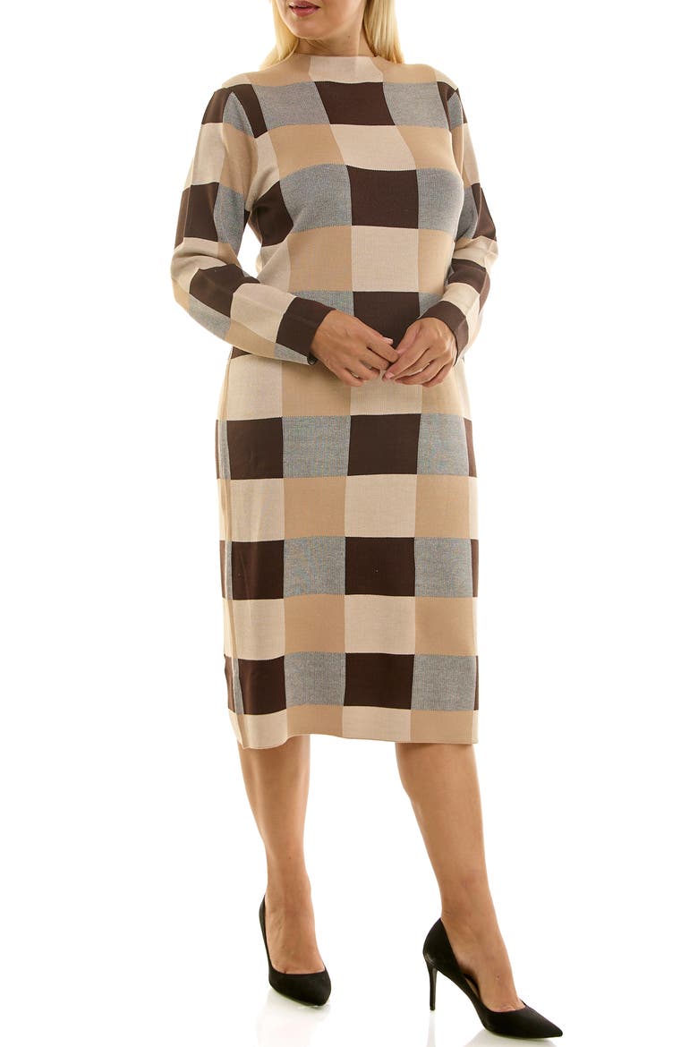 Mock Neck Long Sleeve Sheath Dress, Main, color, BROWN/TAN MULTI