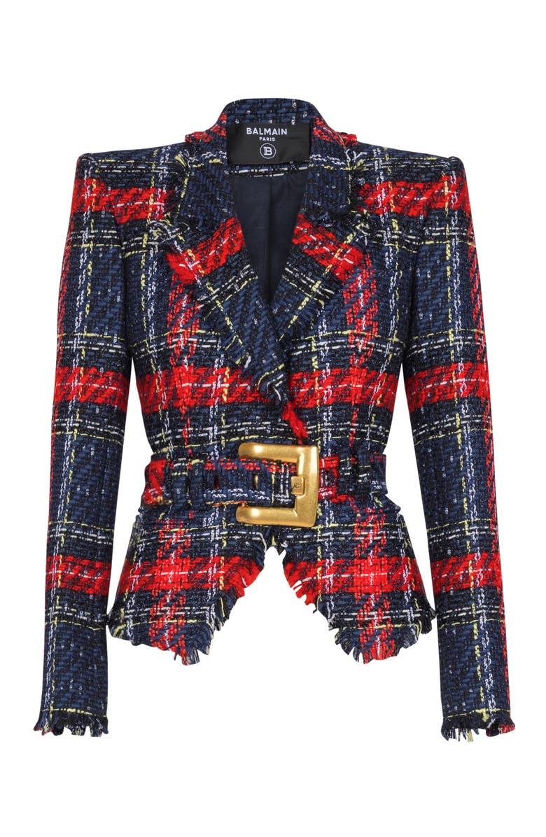 Balmain Belted plaid tweed jacket, Alternate, color, Red