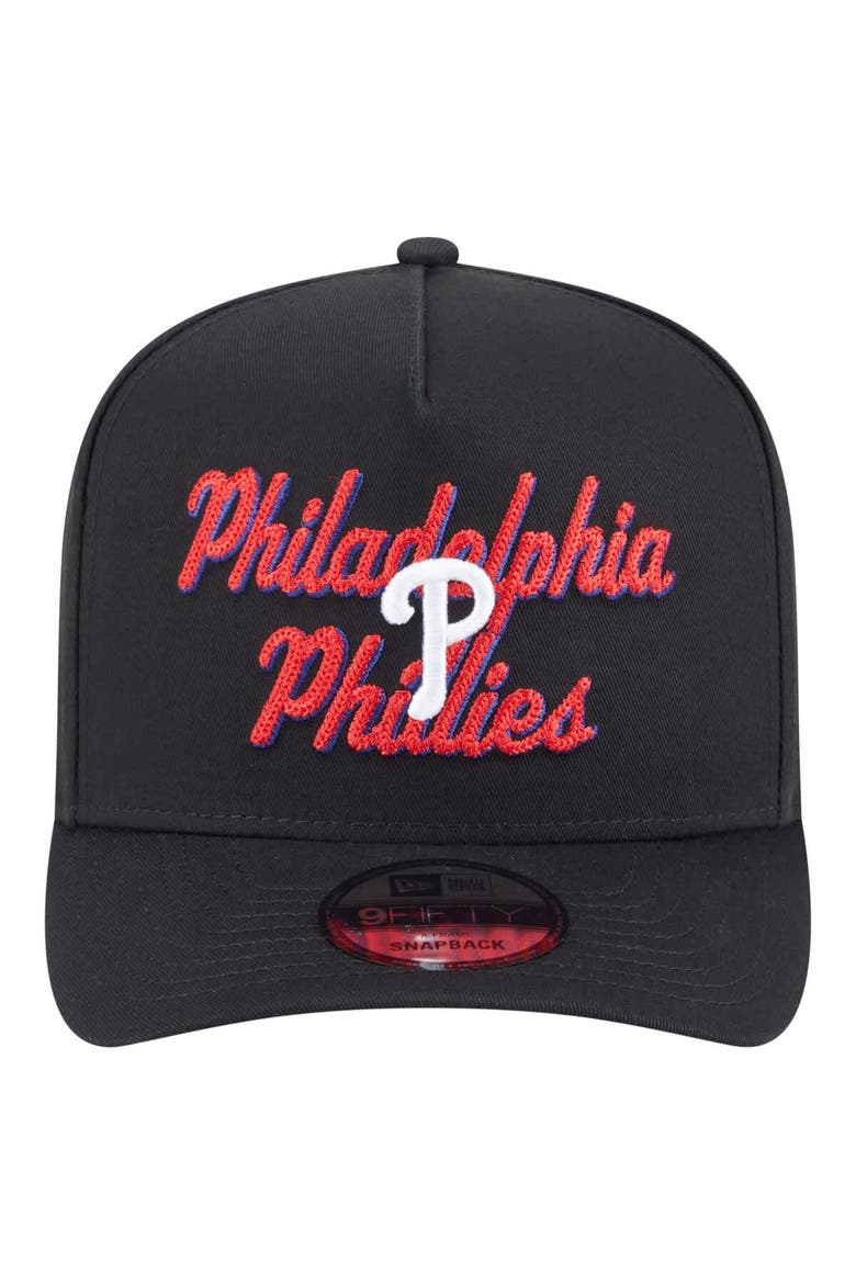 Men's New Era Black Philadelphia Phillies Chainstitch 9FIFTY A-Frame Snapback Hat, Alternate, color, Black