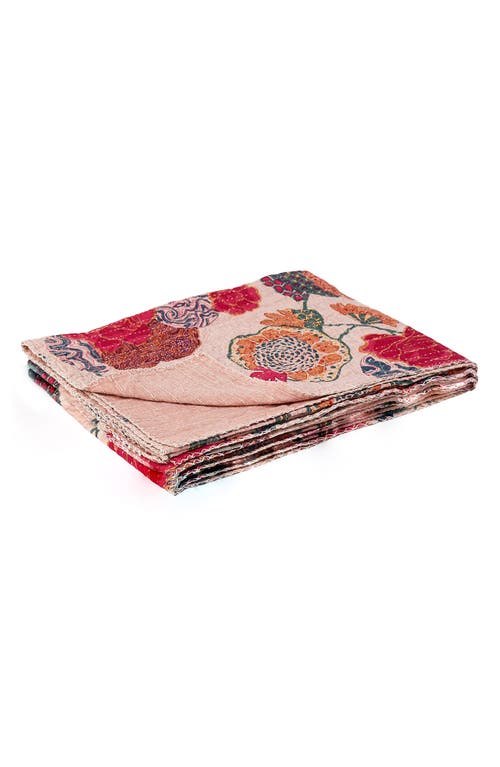 Taj Hotel Vintage Cotton Kantha Throw Blanket In Multi Pale Pink Floral