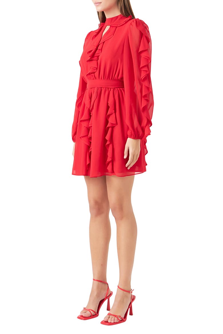 Ruffle Detail Long Sleeve Chiffon Minidress, Alternate, color, RED