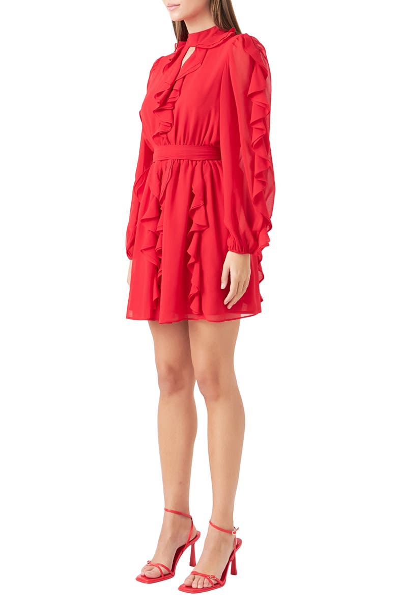 Endless Rose Ruffle Detail Long Sleeve Chiffon Minidress, Alternate, color, Red