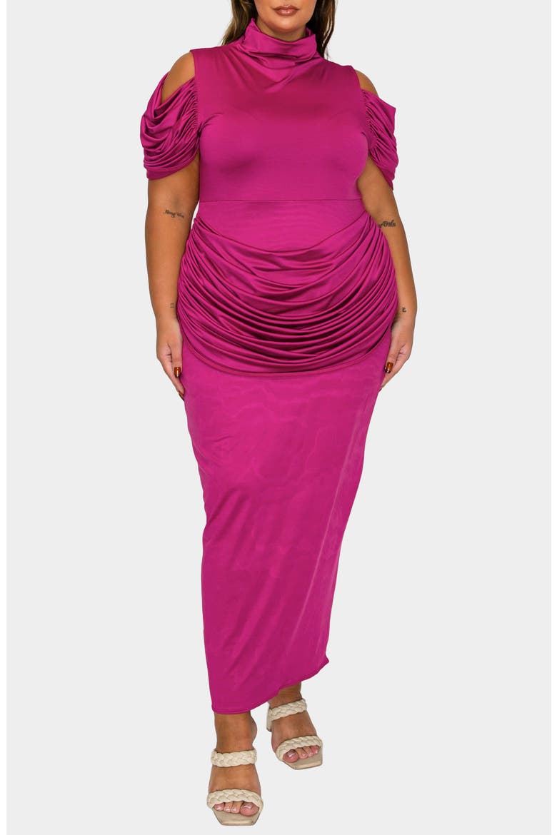 Seraphina Cold Shoulder Ruched Maxi Dress, Main, color, MAGENTA