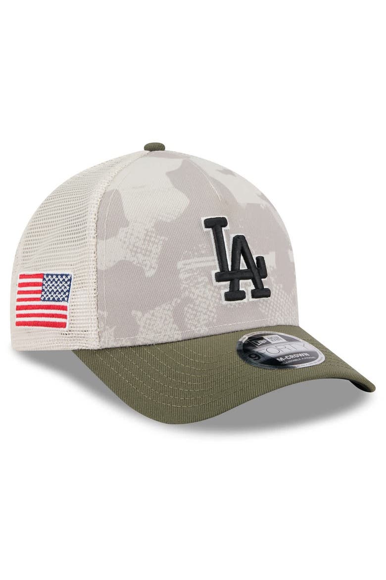Men's New Era Light Beige/Olive Los Angeles Dodgers 2025 Armed Forces Day 9FORTY M-Crown A-Frame Adjustable Hat, Main, color, Light Beige