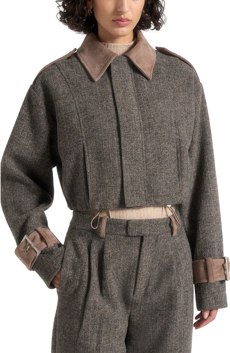 Manière De Voir Galia Herringbone and Suede Bungee Hem Jacket, Main, color, Grey
