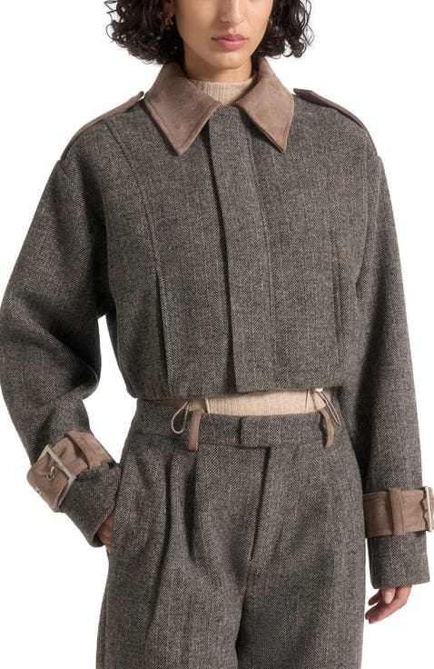 Galia Herringbone and Suede Bungee Hem Jacket