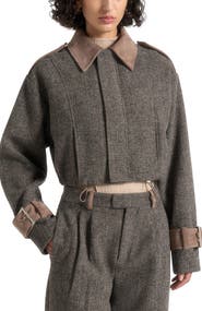Manière De Voir Galia Herringbone and Suede Bungee Hem Jacket