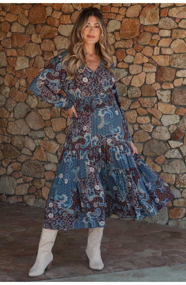 PinkBlush Paisley Print Smocked Waist Tiered Midi Dress, Main, color, Teal