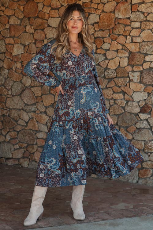 Pinkblush Paisley Print Smocked Waist Tiered Midi Dress In Blue