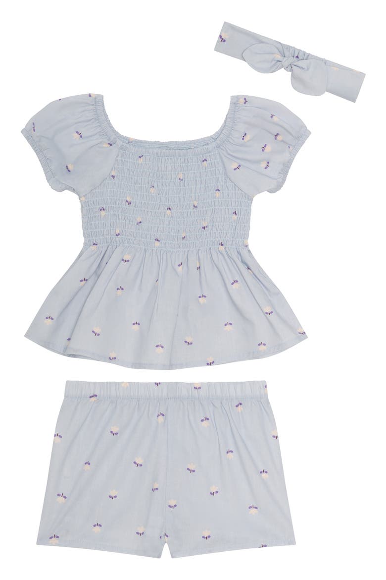 Floral Woven Smocked Top & Shorts & Headband Set, Main, color, LIGHT BLUE FLORAL
