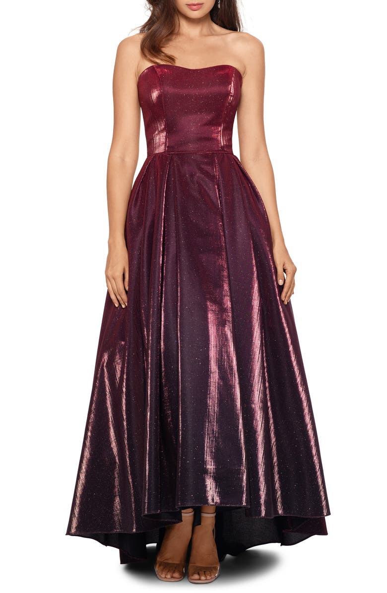 Betsy & Adam Strapless Ombré High/Low Gown, Main, color, 