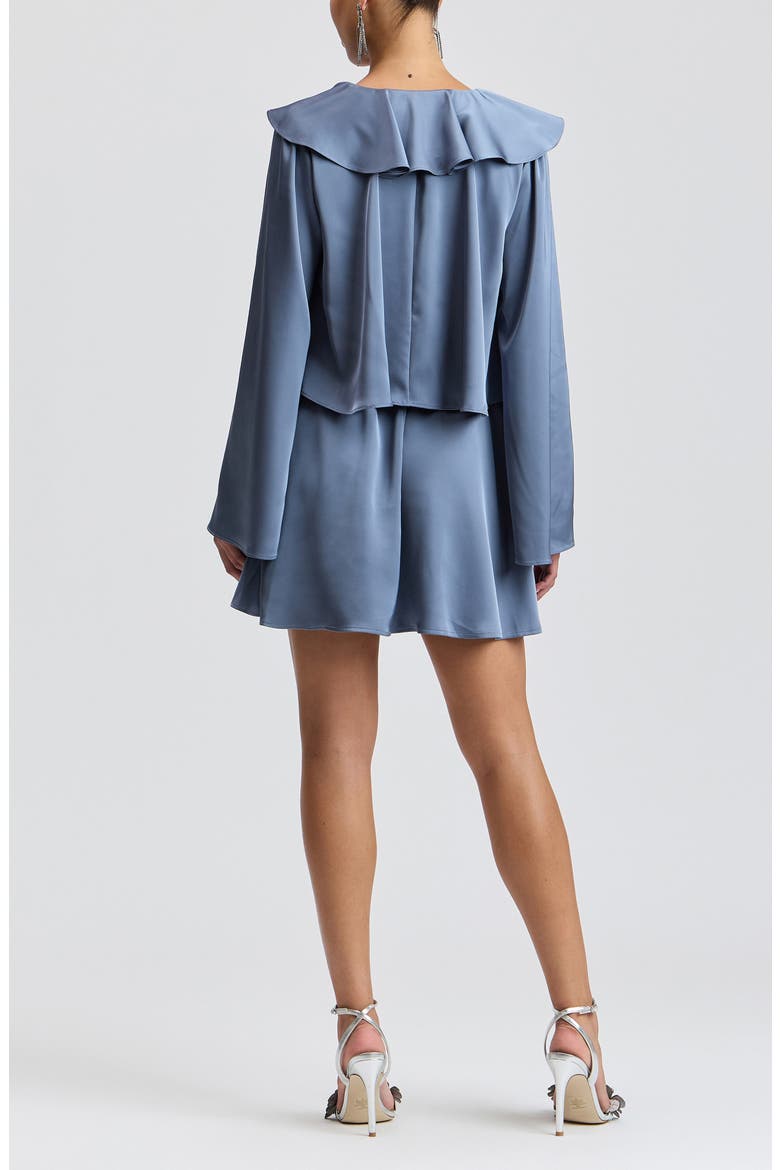 Ruffle Neck Long Sleeve Satin Minidress, Alternate, color, SLATE