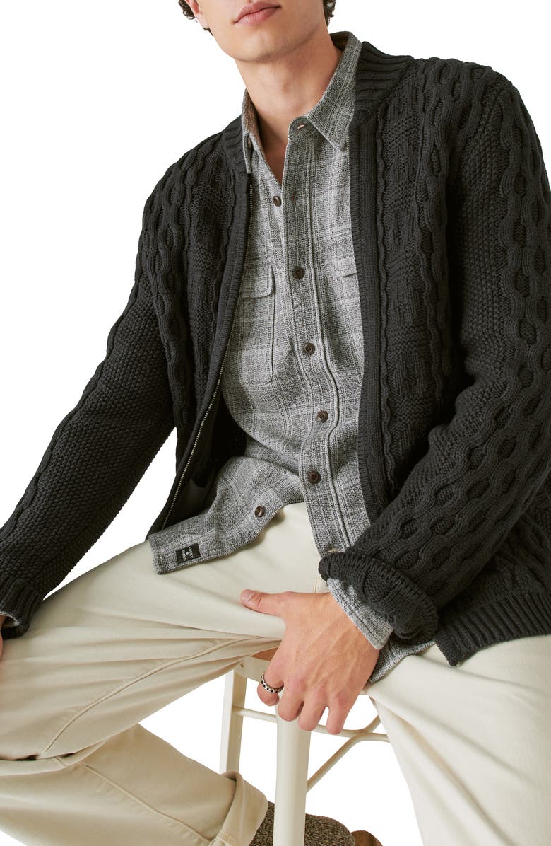 Lucky Brand Cable Stitch Cotton Blend Zip-Up Cardigan, Alternate, color, 