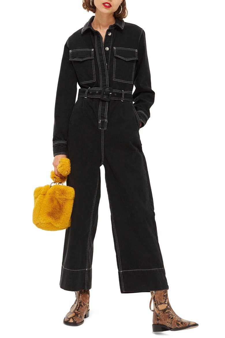Contrast Denim Boilersuit, Main, color, BLACK