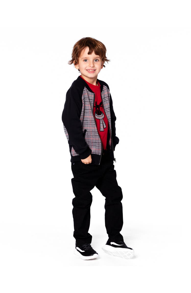 Deux par Deux Bi-Material Zip Front Jacket Plaid, Main, color, Gray And Black