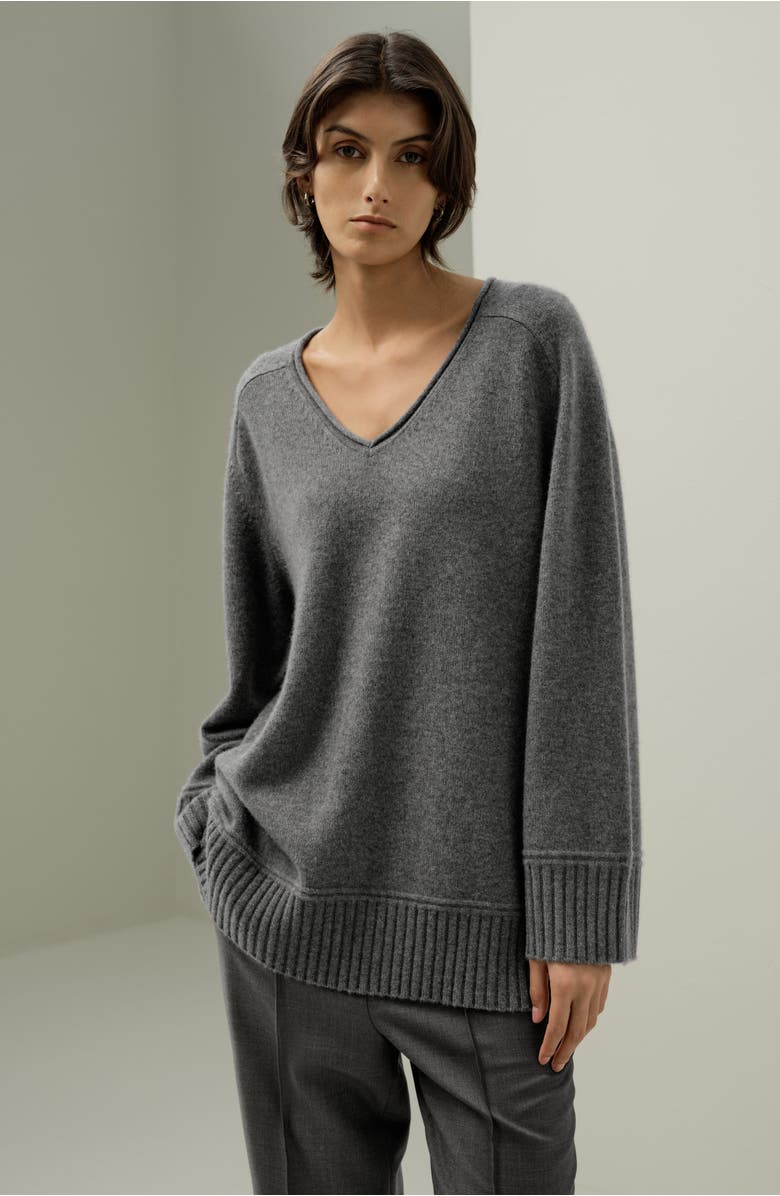 Lilysilk Oversized V-neck Cashmere Sweater, Alternate, color, Thunder