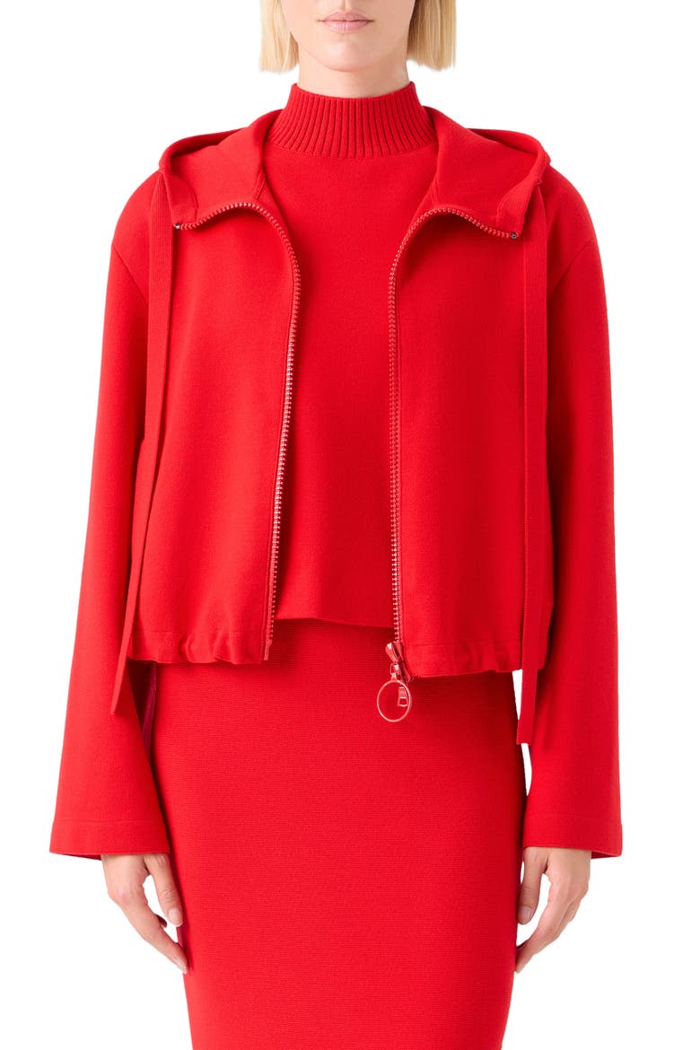 Wool Stretch Knit Hooded Bomber Jacket, Main, color, BRIGHT RED