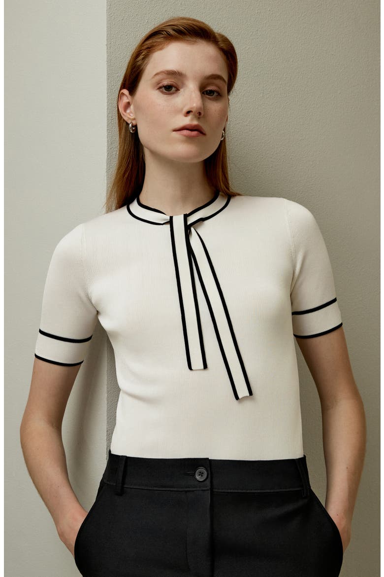 Women's Silk Knit Top with Ribbons, Alternate, color, White With Black Stripes