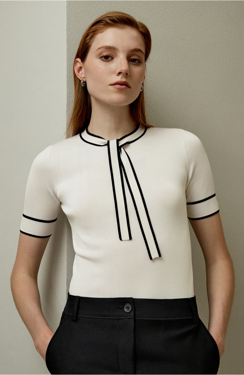 Lilysilk Women's Silk Knit Top with Ribbons, Alternate, color, White With Black Stripes