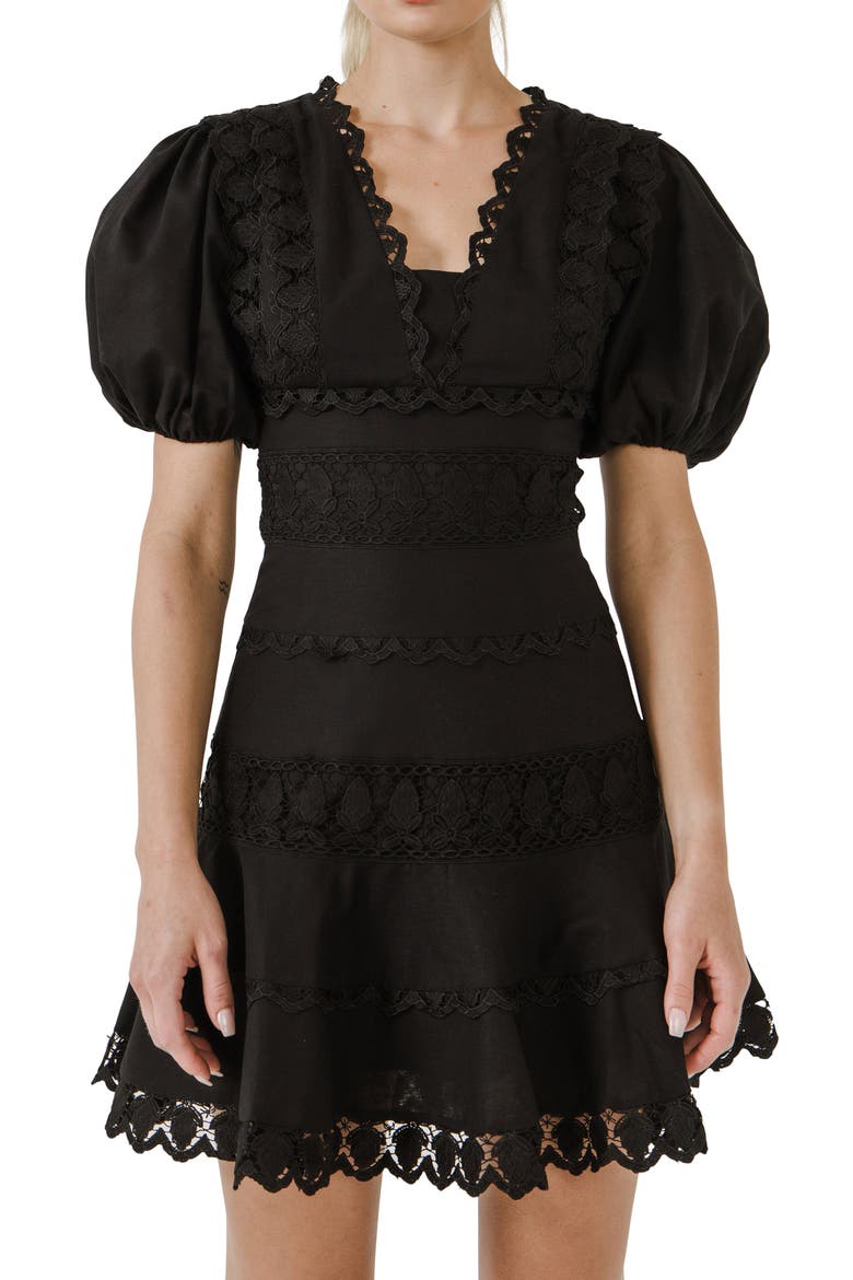 Plunge Neck Cotton & Linen Dress, Alternate, color, BLACK