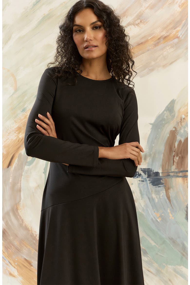 Long Sleeve Asymmetric Hem Midi Dress, Alternate, color, BLACK