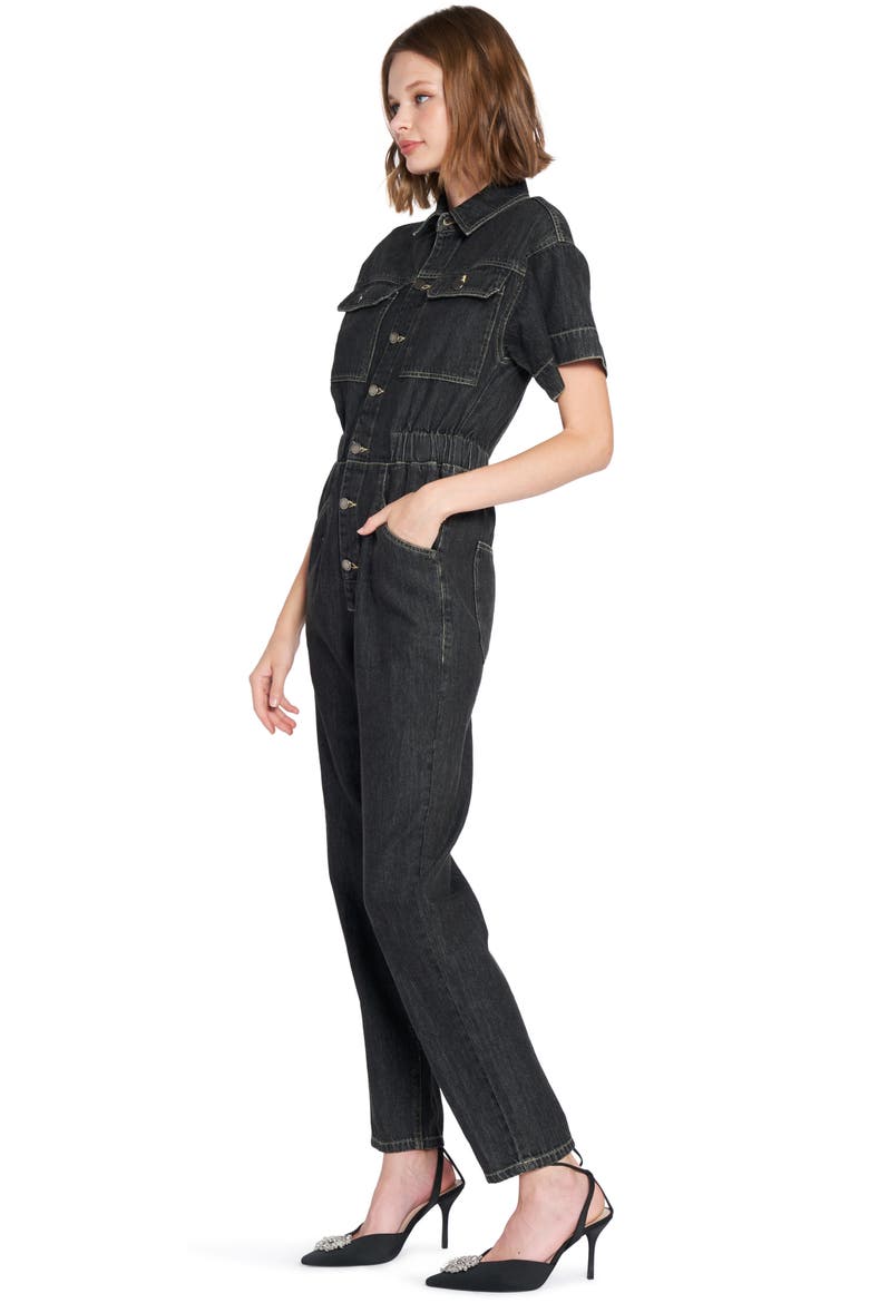 Short Sleeve Cotton Denim Jumpsuit, Alternate, color, BLACK