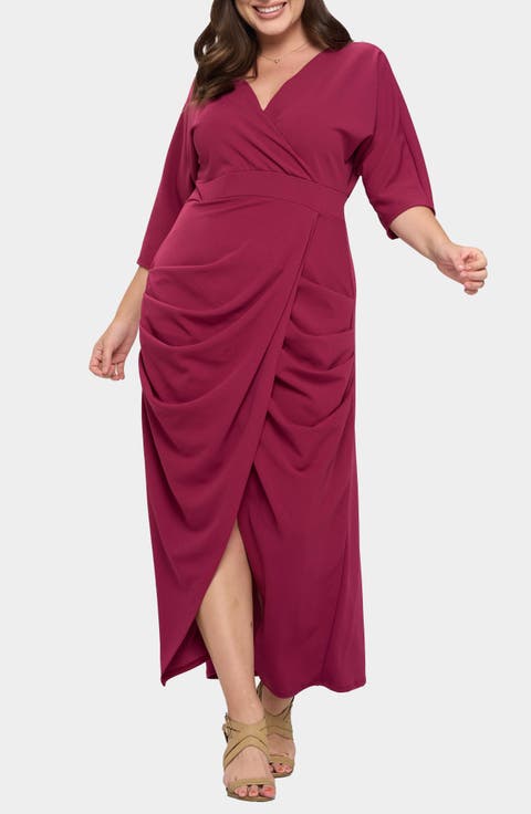Dolman Elbow Sleeve Stretch Faux Wrap Maxi Dress (Plus)