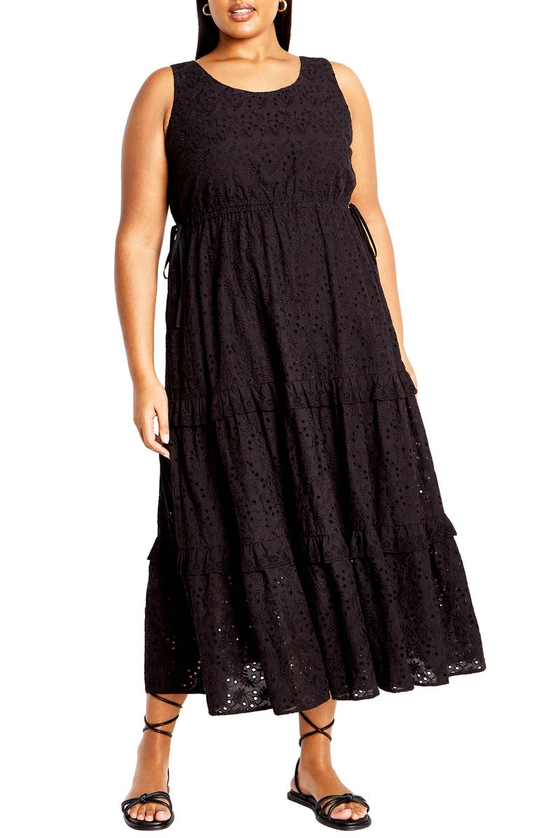 City Chic Bridie Eyelet Sleeveless Tiered Maxi Dress, Main, color, 