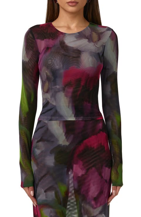 Mesh Print Long Sleeve Top