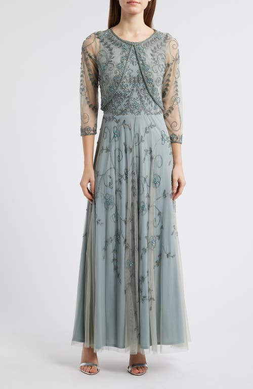 Pisarro Nights Beaded Mesh Gown With Jacket In Blue