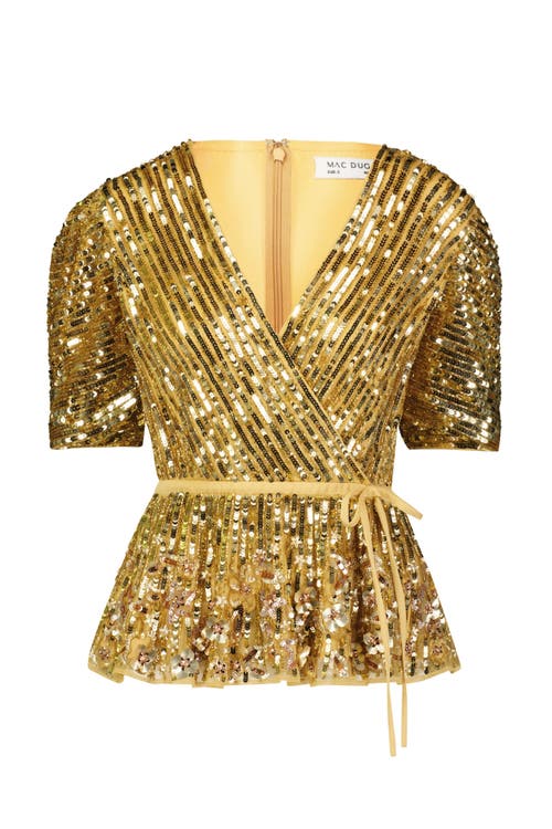 Mac Duggal Sequined Puff Sleeve Faux Wrap Top In Gold