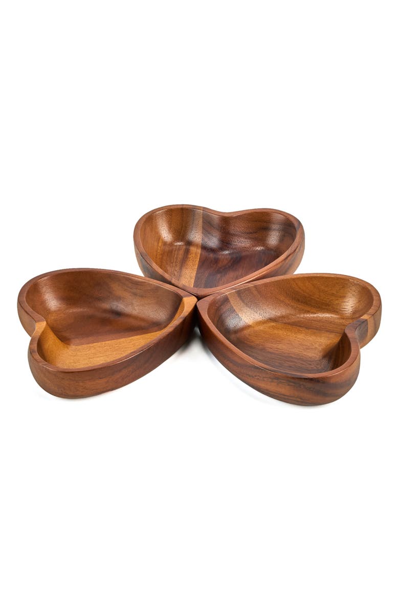 Nambé Eat Your Heart Out Set of 3 Small Acacia Wood Bowls, Alternate, color, Brown