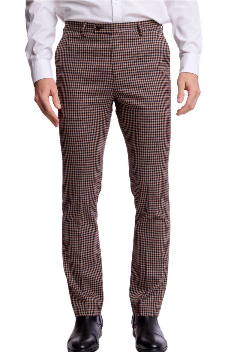 Downing Slim Fit Gingham Check Stretch Pants, Main, color, BURGUNDY NAVY TAN FALL GINGHAM