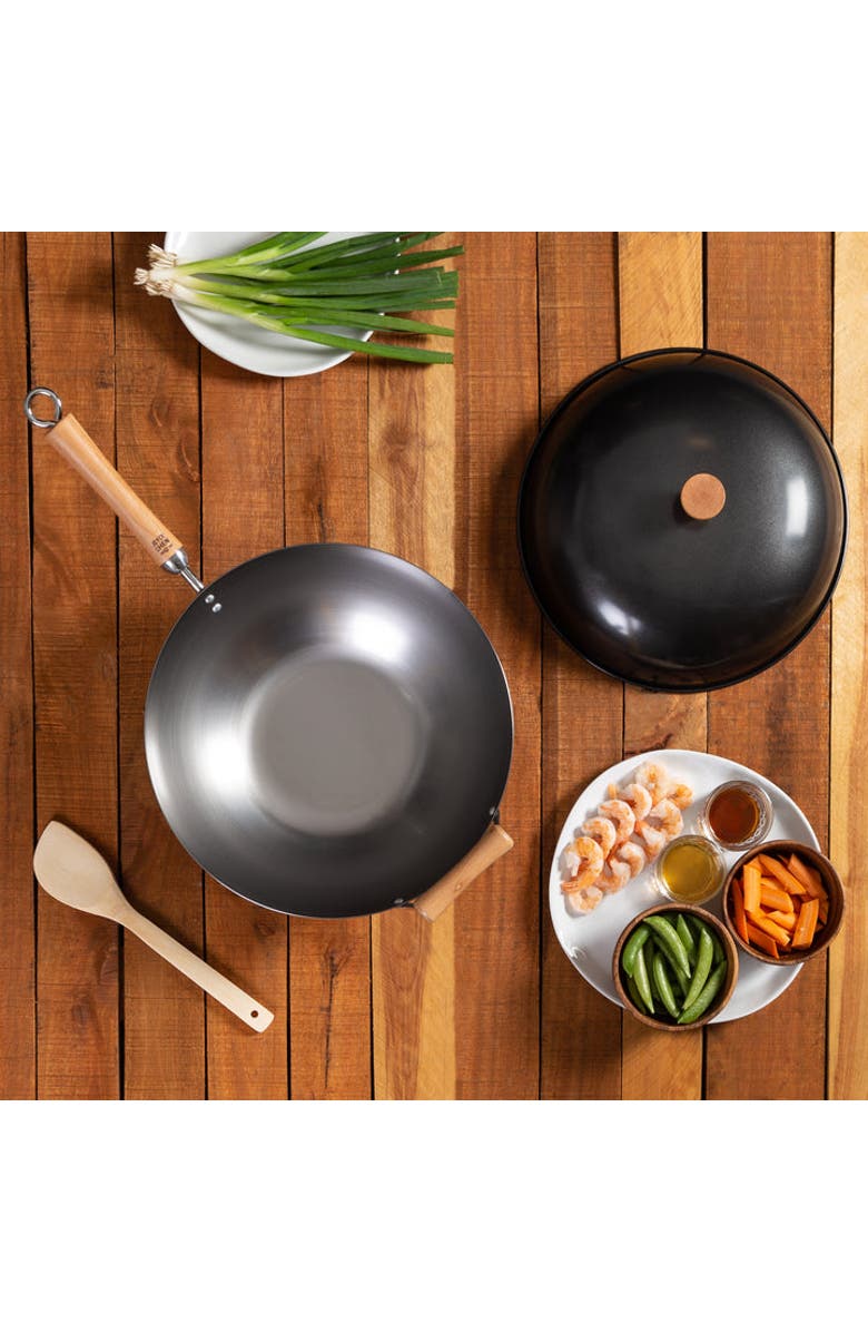 JOYCE CHEN Uncoated Carbon Steel Flat Bottom Wok Set with Lid and Birch Handles, 4 Pieces, Alternate, color, Metallic Silver