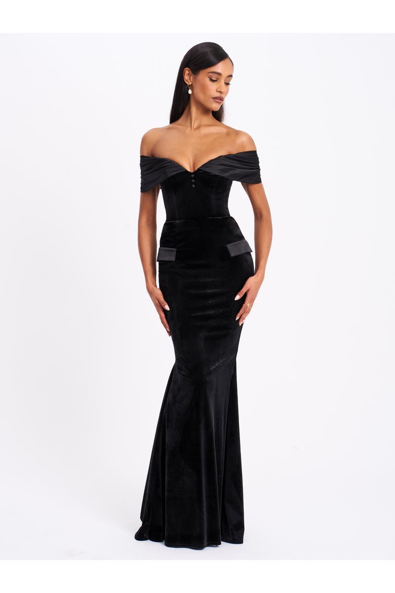 Qamra Velvet Off Shoulder Mermaid Maxi Dress, Alternate, color, Black