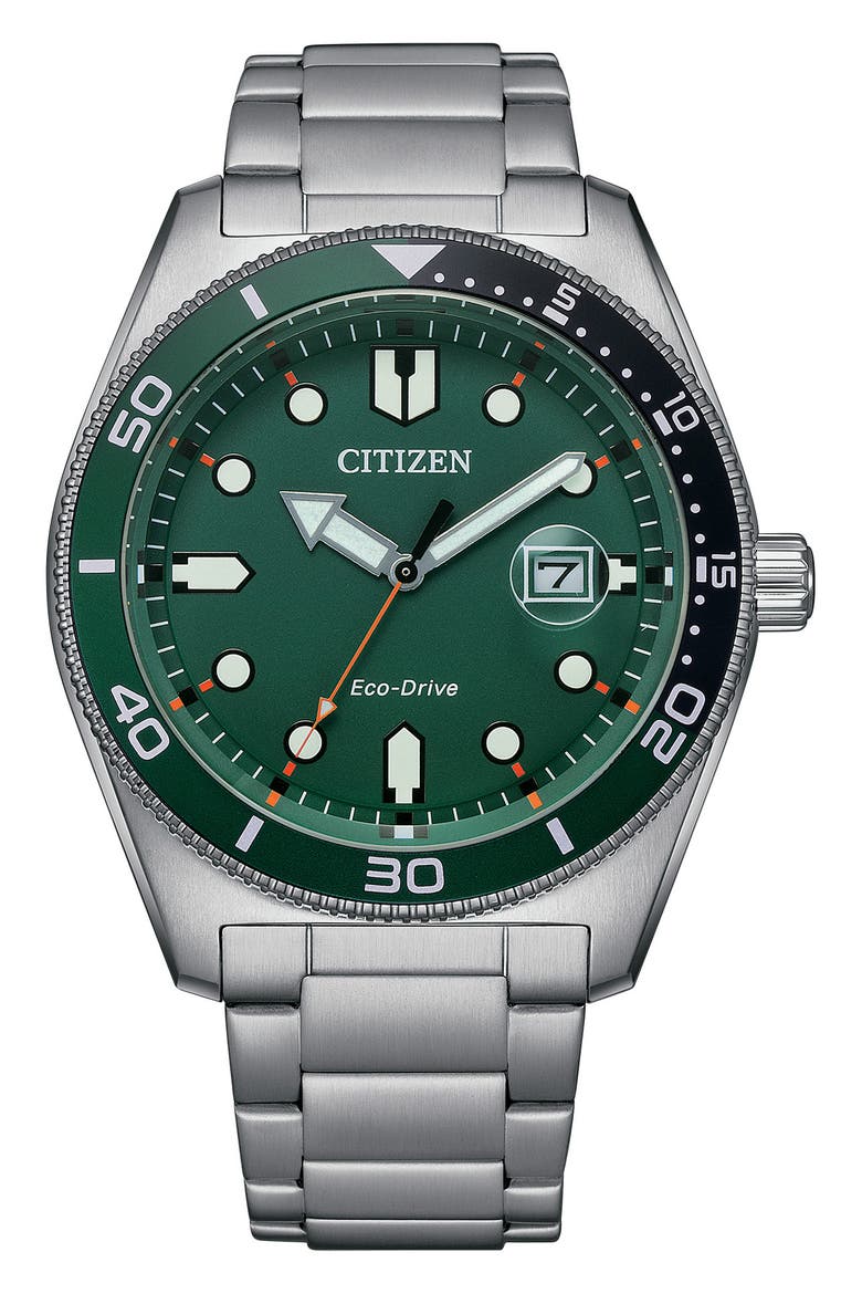Eco Drive Three-Hand Quartz Stainless Steel Bracelet Watch, 43mm, Main, color, SILVER