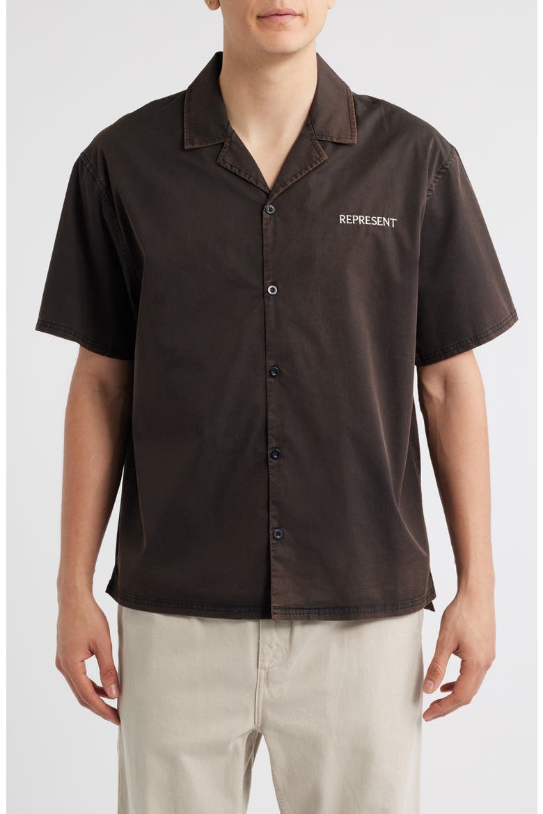 Script Embroidery Camp Shirt, Main, color, JET BLACK