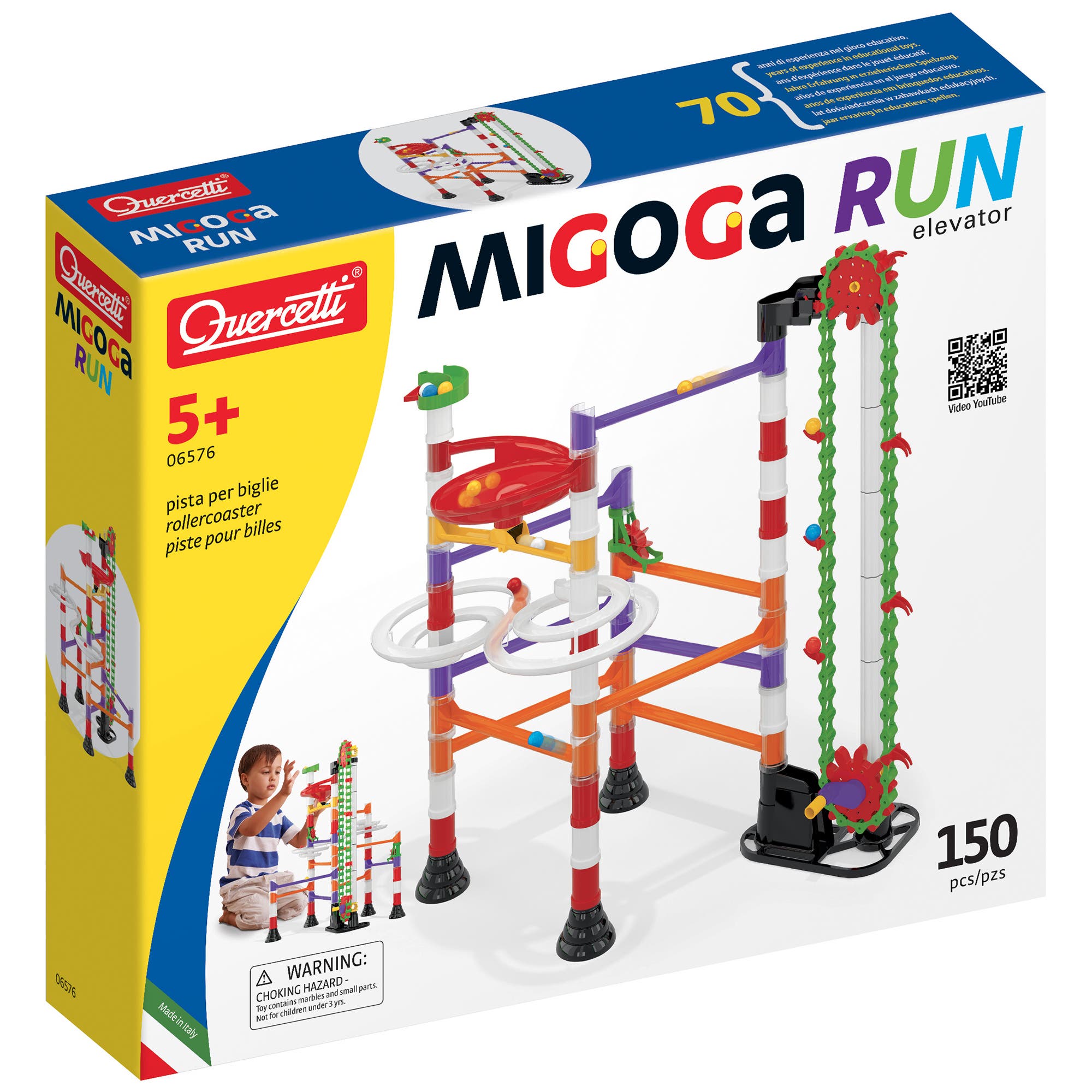 Quercetti Migoga Run Elevator 150Pc Marble Toy, Crank & Funnels, Stem Set in Multicolored 