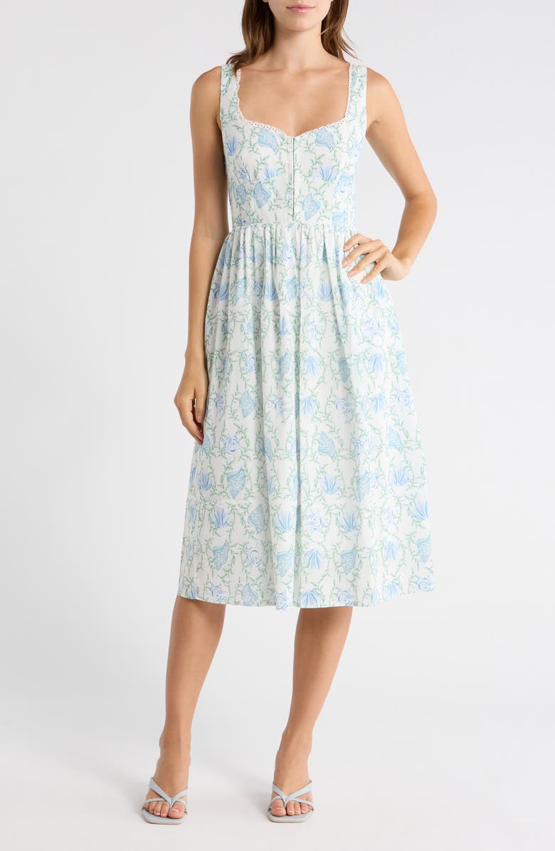 Lush Floral Corset Fit & Flare Midi Dress, Main, color, Blue White